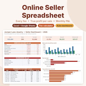 May include: An online seller spreadsheet dashboard for 2026 titled Juniper Lane Jewelry. The interface displays financial data including sales, orders, fees paid, net profit, and profit per order, alongside bar charts for monthly sales and fee breakdowns.