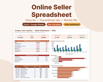 Online Seller Spreadsheet, Shop Fee Calculator and Profit Tracker, Bookkeeping for Handmade Sellers, Google Sheets & Excel Template