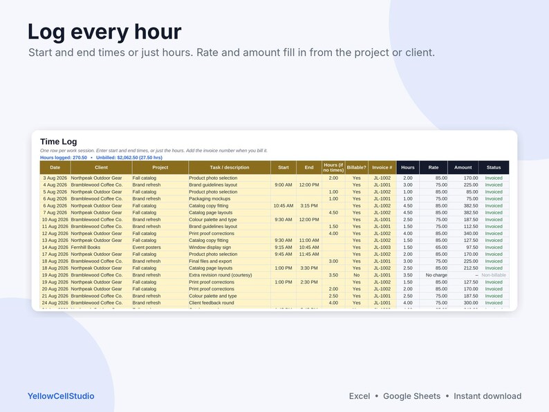 Freelance Invoice Template & Time Tracker Spreadsheet, Google Sheets and Excel, Client Invoice Tracker, Hourly Billing, Small Business image 4