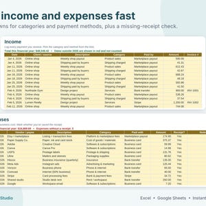 May include: A digital spreadsheet template titled Log income and expenses fast, featuring two tables for Income and Expenses with columns for date, source, description, category, payment method, and amount, designed for Excel and Google Sheets.