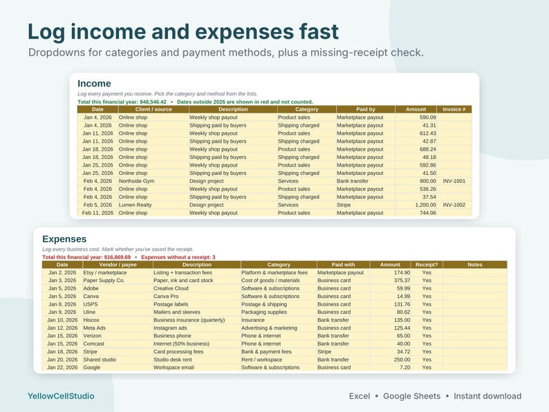 May include: A digital spreadsheet template titled Log income and expenses fast, featuring two tables for Income and Expenses with columns for date, source, description, category, payment method, and amount, designed for Excel and Google Sheets.
