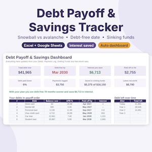 Debt Payoff Tracker Spreadsheet, Snowball and Avalanche Calculator, Sinking Funds & Savings Tracker, Net Worth, Excel Google Sheets image 1