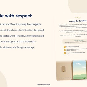 May include: A book page titled Made with respect featuring a list of five bullet points about its content, alongside a section titled A note for families that explains the book's approach to sharing stories from the Quran and the Bible.