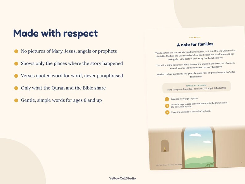 May include: A book page titled Made with respect featuring a list of five bullet points about its content, alongside a section titled A note for families that explains the book's approach to sharing stories from the Quran and the Bible.