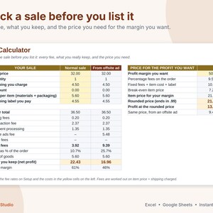 May include: A digital fee calculator spreadsheet titled Check a sale before you list it. The table displays columns for item price, quantity, shipping, discounts, and costs, with calculated rows for fees, net profit, and profit margins.