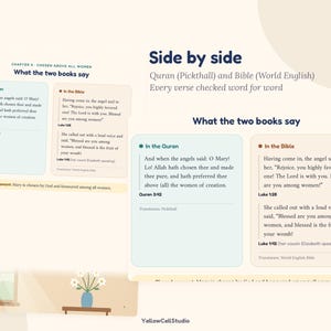 May include: A comparative document titled Side by side, featuring Quran and Bible verses. It displays text from Quran 3:42 and Bible verses Luke 1:28 and 1:42 in light blue and beige boxes, highlighting shared narratives about Mary.