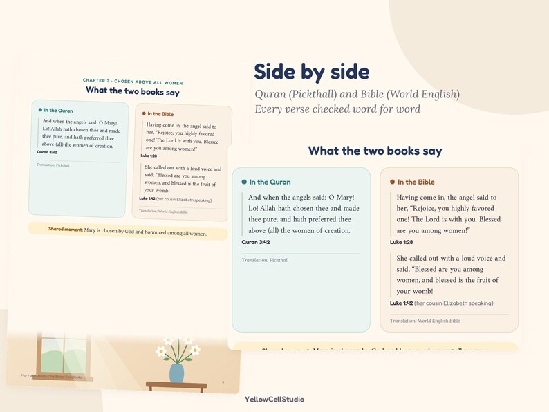 May include: A comparative document titled Side by side, featuring Quran and Bible verses. It displays text from Quran 3:42 and Bible verses Luke 1:28 and 1:42 in light blue and beige boxes, highlighting shared narratives about Mary.