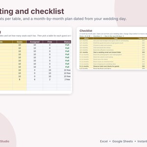 Puede incluir: Una plantilla digital de planificaci&oacute;n de bodas con una tabla de asientos y una lista de verificaci&oacute;n mensual. La tabla de asientos muestra nombres de mesas, n&uacute;mero de asientos, asientos asignados, asientos libres y estado. La lista detalla tareas.