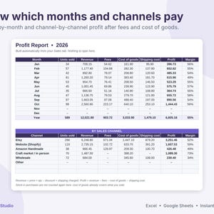 Może przedstawiać: Cyfrowy raport zysk&oacute;w na rok 2026 zatytułowany Know which months and channels pay. Dokument zawiera dwie tabele: jedną śledzącą miesięczną liczbę sprzedanych jednostek, przychody, opłaty, koszty i zyski oraz drugą z podziałem na kanały sprzedaży.