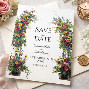 May include: A floral "Save the Date" card with colorful flowers framing the text. The card includes the names Catherine Smith & Josh Peterson, and the date September 19th, 2026, in Chicago, IL. The card is on a white envelope.