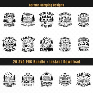 Könnte beinhalten: Eine Sammlung von fünfzehn schwarz-weißen, kreisförmigen und abzeichenartigen Grafikdesigns zum Thema Camping, mit Illustrationen von Zelten, Wohnwagen, Bergen und Bäumen sowie deutschen Texten wie Camping König und 1000 Sterne Hotel.