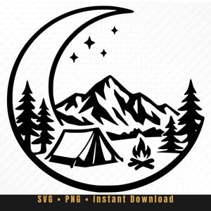 May include: A black graphic illustration featuring a crescent moon framing a mountain range, a tent, a campfire, and pine trees. Four small four-pointed stars are positioned within the curve of the moon. The design is set against a white background.