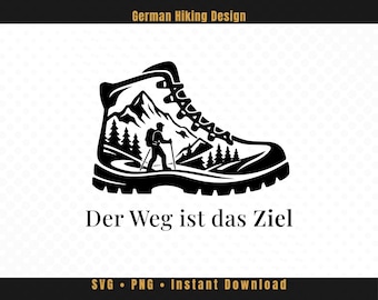 Hiking Boot SVG – Mountain Landscape Design, German Quote (Cricut File)