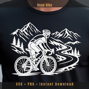 May include: A black t-shirt featuring a white graphic print of a cyclist riding a road bike on a winding path through a mountain landscape with pine trees. The text Road Bike is printed at the top, and SVG PNG Instant Download at the bottom.