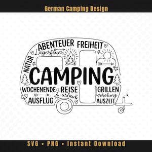 Könnte beinhalten: Ein schwarz-weißes Camping-Design mit einer Wohnwagen-Umrisslinie, gefüllt mit deutschen Wörtern wie "Camping", "Abenteuer" und "Freiheit". Enthält ein Lagerfeuer, eine Sonne und Bäume. Das Design enthält auch den Text "SVG • PNG • Sofort-Download".