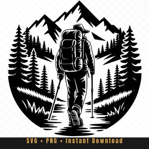 Zaino in spalla (SVG PNG) - Design da escursionista nella natura selvaggia - Silhouette di viandante di montagna - File per Cricut