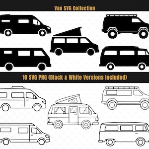 以下が含まれることがあります： 白黒のバンSVGデザインのコレクション。キャンピングカーやユーティリティバンなど、さまざまなバン スタイルが含まれています。「Van SVG Collection」と「10 SVG PNG (Black & White Versions Included)」というテキストが表示されています。
