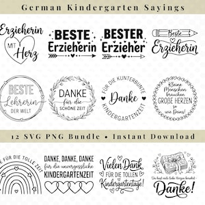 May include: A digital collection of twelve black and white graphic designs featuring German phrases for kindergarten teachers. The set includes typography, hearts, floral wreaths, a pencil, a rainbow, and gift illustrations for use as SVG or PNG files.
