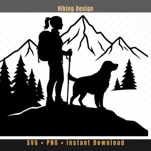 May include: A black silhouette graphic design featuring a hiker with a backpack and a trekking pole standing next to a dog on a mountain peak. The background includes pine trees and mountain ranges. The text Hiking Design is at the top.