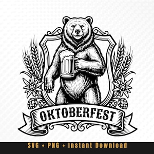 Puede incluir: Ilustración en blanco y negro de un oso sosteniendo una jarra de cerveza, con la palabra "OKTOBERFEST" en una pancarta. El oso está enmarcado por un escudo decorativo, con trigo y elementos florales.