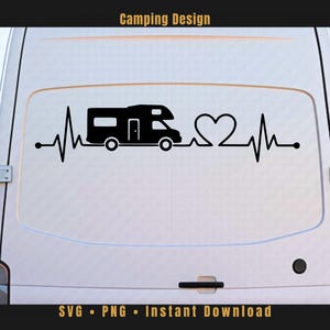 May include: Black graphic of a camper van, a heartbeat line, and a heart shape, with the words "Camping Design" at the top. The design is on a white vehicle. The bottom of the image has the words "SVG • PNG • Instant Download".