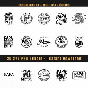 Puede incluir: Un conjunto de 20 diseños SVG y PNG con la palabra "Papa" en varios estilos y fuentes. Los diseños incluyen frases como "Papa braucht keinen Plan" y "Papa unser Held im Alltag" en blanco y negro.
