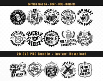 May include: A digital collection of fifteen circular and rectangular black and white graphic designs featuring beer mugs, hops, and German text phrases. The top and bottom banners include the text German Bros Co - Beer - BBQ - Dialects and 20 SVG PNG Bundle - Instant Download.