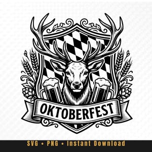 May include: Black and white Oktoberfest design featuring a stag with large antlers, a checkered shield, and two mugs of beer. The word "OKTOBERFEST" is displayed on a banner. Wheat and hops are also included in the design.