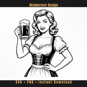Könnte beinhalten: Eine schwarz-weiße grafische Illustration einer Person mit welligem Haar, die ein Dirndl trägt und einen Bierkrug mit Schaum hält. Der Text Oktoberfest Design steht oben und SVG, PNG, Instant Download steht unten im Bild.
