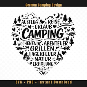 Könnte beinhalten: Schwarz-weißes herzförmiges Design mit Camping-Themenwörtern und Illustrationen. Das Design enthält Wörter wie "Camping", "Abenteuer" und "Natur" sowie Bilder von Bäumen, Sternen und einem Lagerfeuer. Der Text "German Camping Design" steht oben.