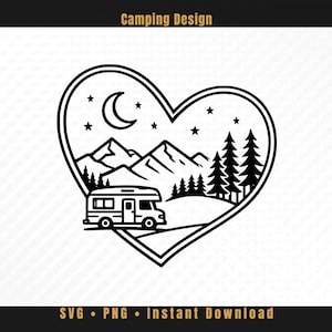 Camping Heart Scene SVG – Motorhome Mountain Design | Vanlife SVG | Cricut Silhouette Cut File