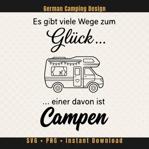 Könnte beinhalten: Schwarz-weiße Illustration eines Wohnmobils mit dem Text "Es gibt viele Wege zum Glück... einer davon ist Campen". Das Design beinhaltet ein Herz und Lichterketten.