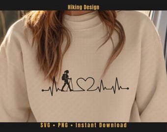 Hiking Heartbeat SVG – Female Hiker Pulse Line Design – Outdoor Adventure Cricut File