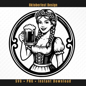 Puede incluir: Diseño en blanco y negro del Oktoberfest que presenta a una mujer con vestimenta tradicional sosteniendo una jarra de cerveza. La imagen está enmarcada en un borde circular e incluye el texto "Oktoberfest Design" en la parte superior y "SVG • PNG • Instant Download" en la parte inferior.