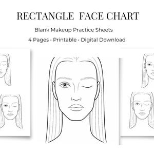 Puede incluir: Imagen en blanco y negro que presenta una tabla de rostros rectangulares para la práctica del maquillaje. El texto en la parte superior dice "RECTANGLE FACE CHART". Debajo del título, el texto dice "Blank Makeup Practice Sheets" y "4 Pages • Printable • Digital Download". La imagen muestra varios contornos faciales.