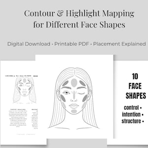 May include: A digital download with contour and highlight mapping instructions for different face shapes. The image includes diagrams and text explaining placement. The text reads "10 Face Shapes" and "control, intention, structure."