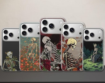 Skeleton Phone Case Gothic Skull Floral Cover for iPhone 17 Pro Max, 17e, 15, 14, 13 & Samsung S26 Ultra, S25 FE, A57, A56, Pixel 10, 9A