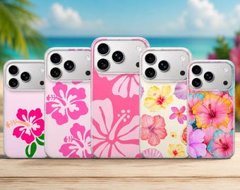 May include: Five smartphone cases arranged in a row, each featuring a distinct hibiscus flower pattern. The designs range from a single bright pink hibiscus on a light pink background to a dense, colorful floral print with pink, yellow, and blue hues.