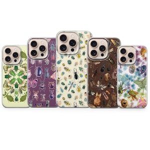 May include: Five phone cases with insect designs. The cases feature various insects, including beetles, butterflies, and dragonflies, in a range of colors. The backgrounds vary from light green to brown and purple. The cases are made of a clear material.