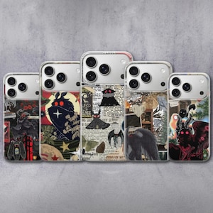 May include: A collection of five phone cases with unique designs. Each case features a different collage-style graphic with a dark, gothic theme, including moth illustrations, newspaper clippings, and other vintage elements. The cases have a clear, glossy finish.