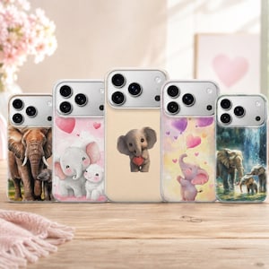 May include: Five clear smartphone cases featuring elephant designs. The first shows a realistic elephant pair, the second a cartoon elephant with a lamb and hearts, the third a small elephant holding a heart, the fourth a cartoon elephant with balloons, and the fifth a realistic elephant herd.
