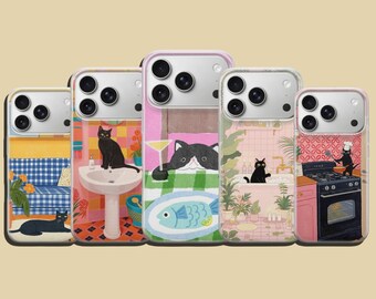 Cosy Black Cat-telefoonhoesje Cat Home Scene Cover voor iPhone 17 Pro Max, 17e, 15, 14, 13 en Samsung S26 Ultra, S25 FE, A57, A56, Pixel 10, 9A