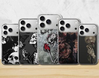 Capa de celular Grunge Skull com arte gótica escura para iPhone 17 Pro Max, 17e, 15, 14, 13 e Samsung S26 Ultra, S25 FE, A57, A56, Pixel 10, 9A