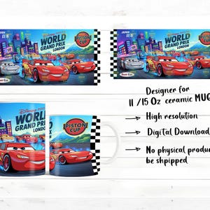 Cars World Grand Prix 11oz 15oz Mug Wrap PNG | Lightning McQueen Racing Coffee Mug Sublimation Design | Digital Download image 7
