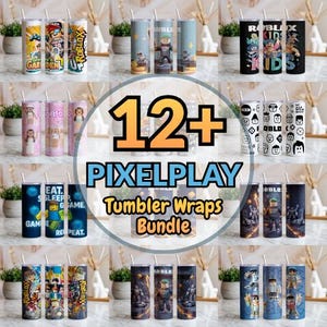 May include: A collection of twelve cylindrical tumblers featuring various colorful graphic designs inspired by the Roblox video game, including character illustrations, block patterns, and text such as Roblox, Kids, and Eat Sleep Game Repeat.