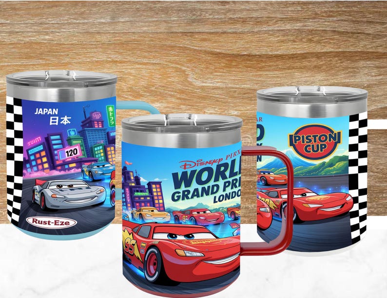 May include: Three stainless steel tumblers featuring Disney Pixar Cars graphics. The left tumbler shows a Japan city scene with a race car and Rust-Eze logo. The center tumbler displays World Grand Prix London text and Lightning McQueen. The right tumbler features the Piston Cup logo.