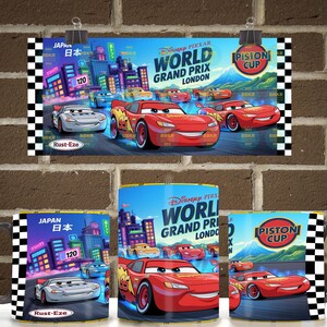 May include: A ceramic mug featuring a Disney Pixar Cars World Grand Prix London graphic. The design displays Lightning McQueen, a silver race car, and a Piston Cup logo against a city backdrop with checkered borders on the sides and top.