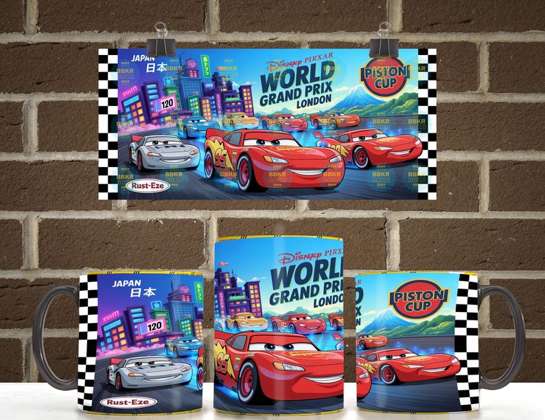 May include: A ceramic mug featuring a Disney Pixar Cars World Grand Prix London graphic. The design displays Lightning McQueen, a silver race car, and a Piston Cup logo against a city backdrop with checkered borders on the sides and top.