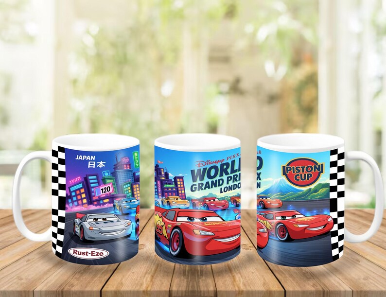 May include: A white ceramic mug featuring a wrap-around graphic of Disney Pixar Cars characters. The design includes Lightning McQueen, a city skyline with the text Japan, the World Grand Prix London logo, and a Piston Cup emblem, all bordered by black and white checkered racing stripes.