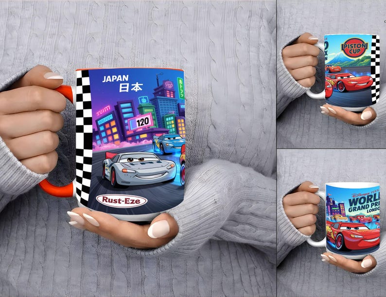 May include: A ceramic mug featuring a colorful graphic of the character Lightning McQueen from the movie Cars. The design includes a city skyline, the text Japan, the number 120, and the Rust-Eze logo, framed by a black and white checkered border.